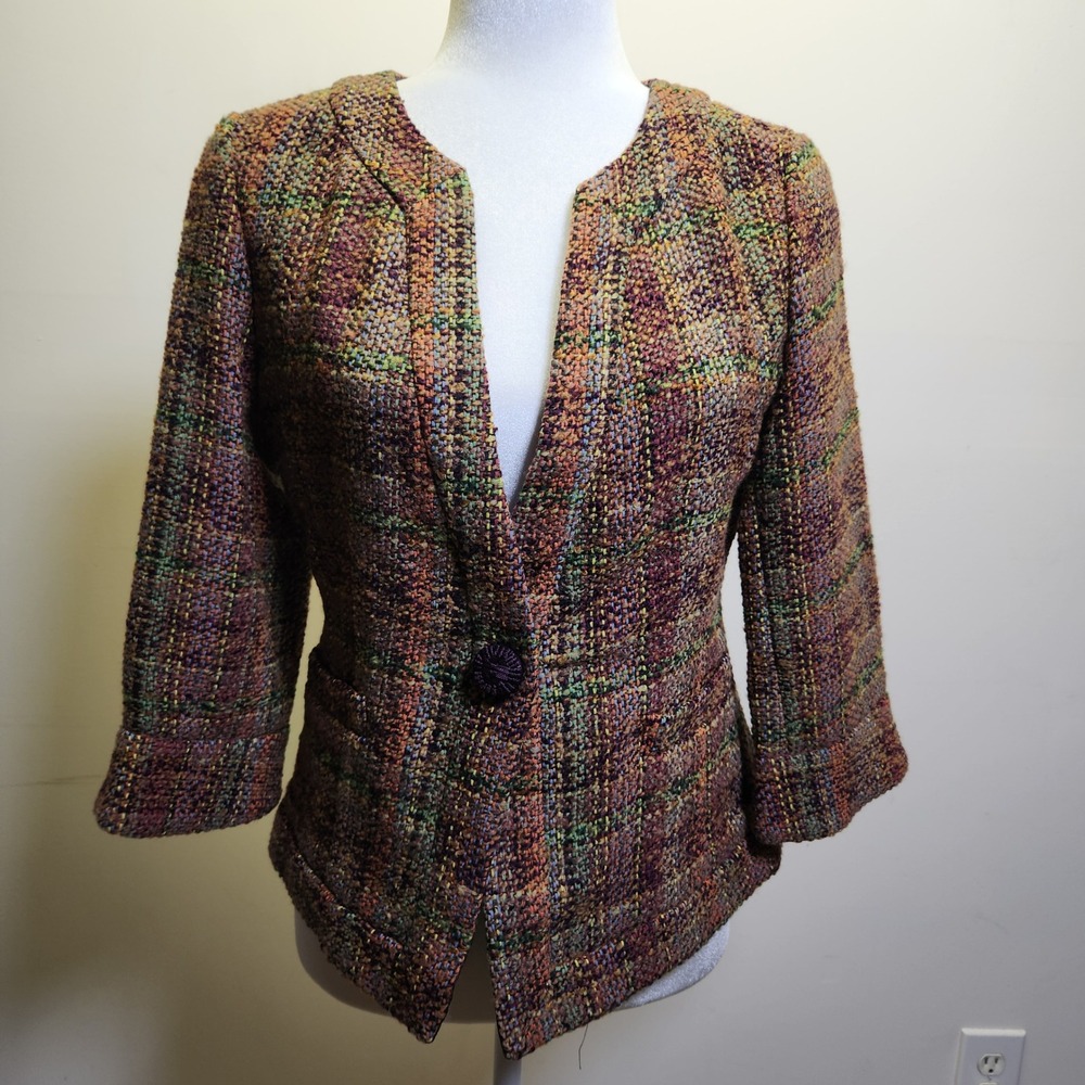 Coldwater Creek Earthy Tone Tweed 3/4 Sleeve Jacket Sz 4 Single Button Fall